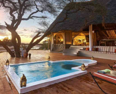 African safari accommodation guide featuring a luxury safari lodge overlooking the African savannah.