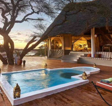 African safari accommodation guide featuring a luxury safari lodge overlooking the African savannah.