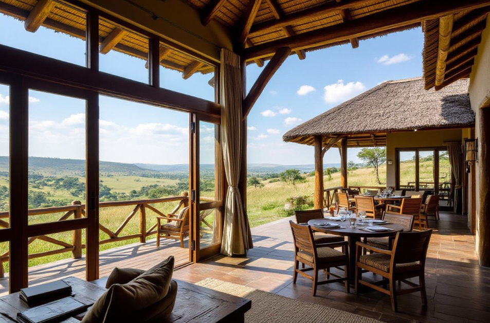 Safari lodge overlooking the grasslands of Kenya's Maasai Mara region.