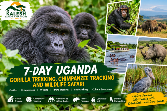 7-day Uganda gorilla trekking safari featuring mountain gorillas, chimpanzees, elephants, rhinos and wildlife experiences.